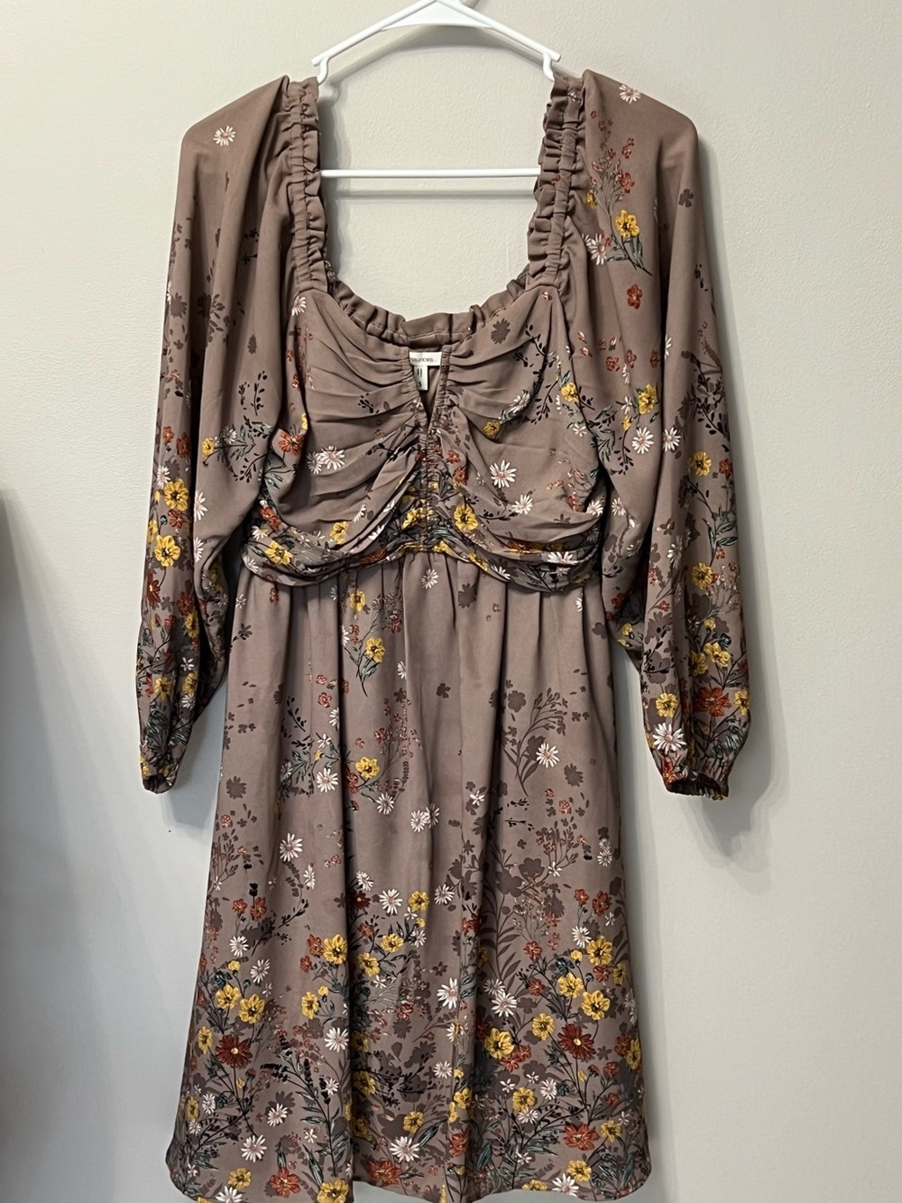 Maurices Taupe Floral Long Sleeve Ruched Dress